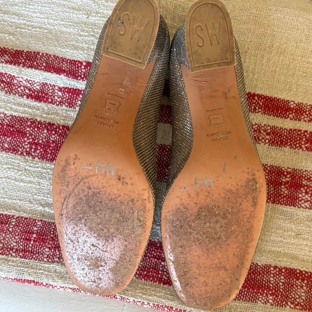 Elegant Stuart Weitzman for Russell Bromley Bond Street London Gold Block Heels - Picture 4 of 6